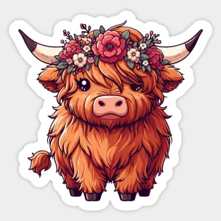 Kawaii scottish highland cow with flower crown Sticker